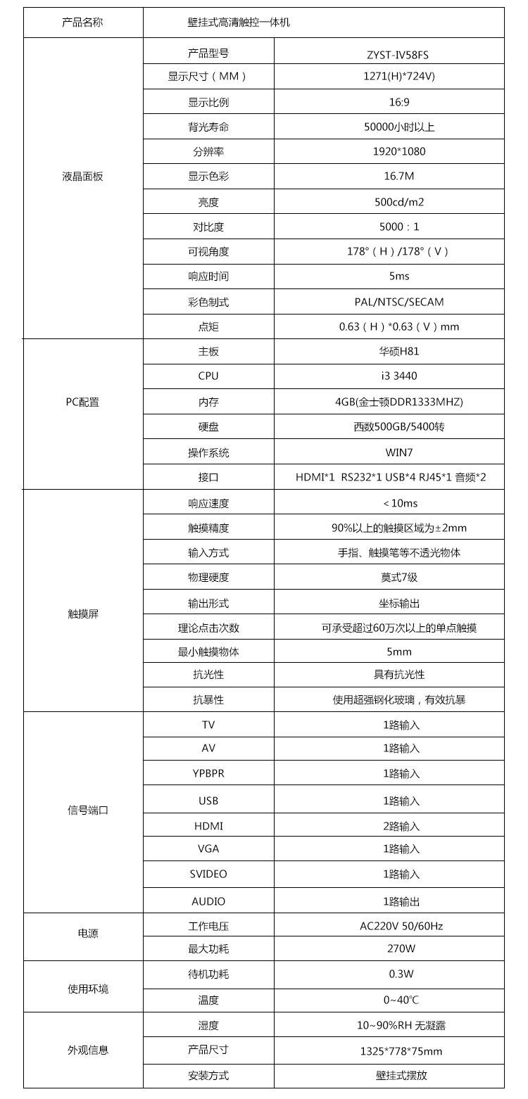 58寸壁掛觸摸一體機(jī)